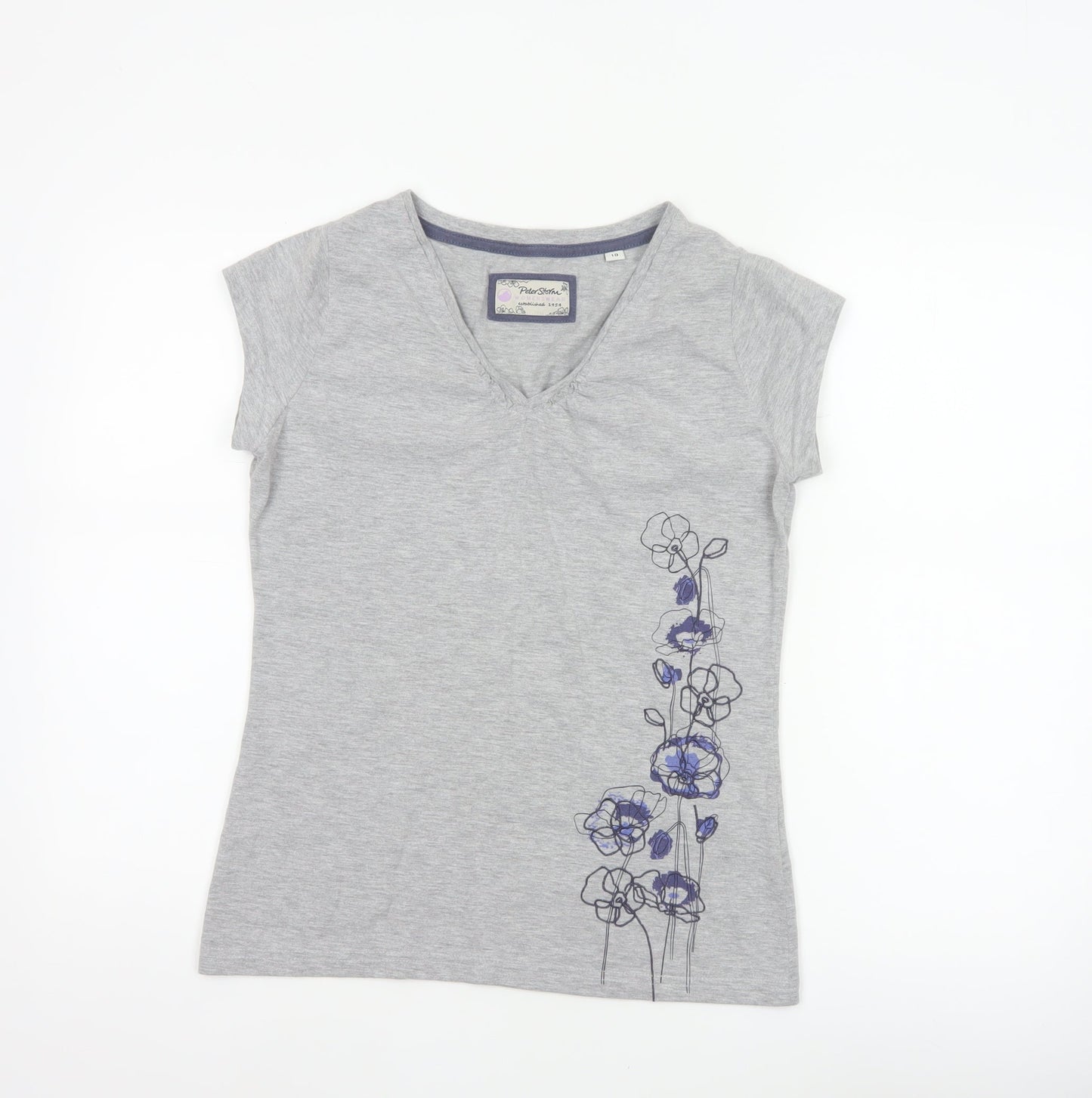Peter Storm Women Grey Size 10 Floral V-Neck Cotton Jersey T-Shirt