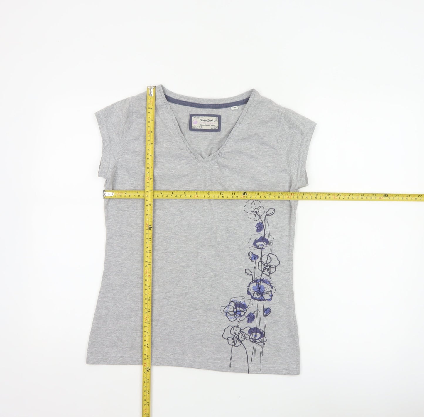 Peter Storm Women Grey Size 10 Floral V-Neck Cotton Jersey T-Shirt
