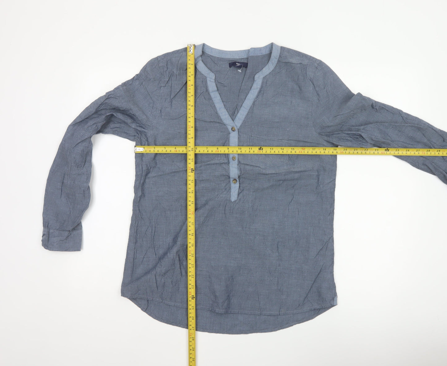 Gap Women Blue Cotton Chambray V-Neck Button Blouse Size M