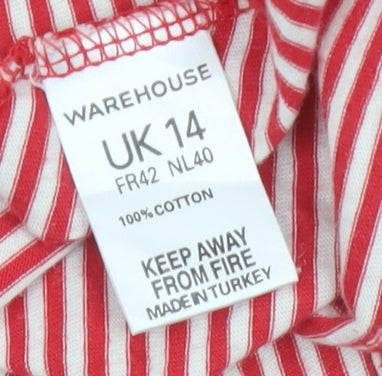 Warehouse Women Red Striped UK 14 Basic Ruffle Cotton 3/4 Sleeve Top