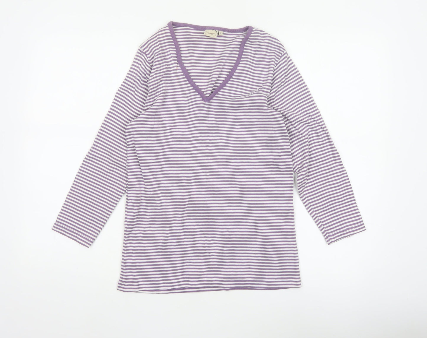 Cotton Traders Women Purple White Stripe V-Neck Cotton Top Size 12