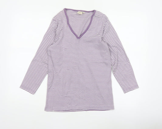 Cotton Traders Women Purple White Stripe V-Neck Cotton Top Size 12
