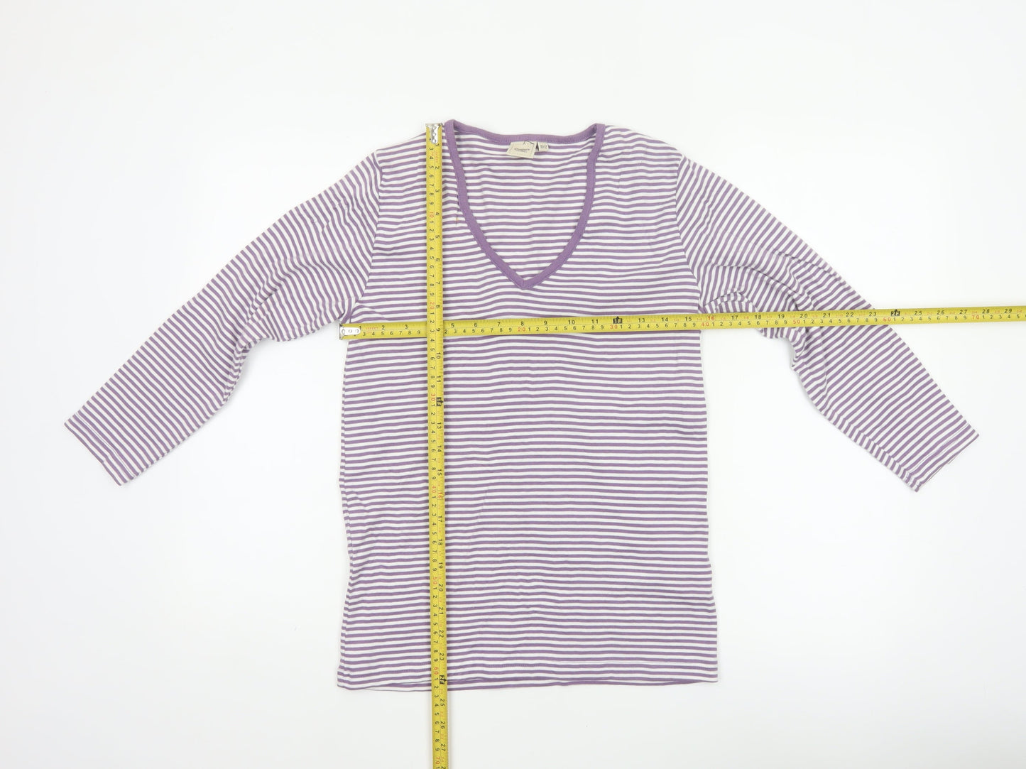 Cotton Traders Women Purple White Stripe V-Neck Cotton Top Size 12
