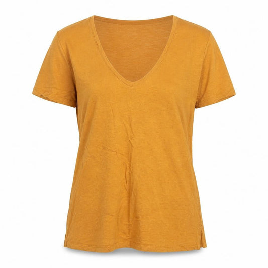 FatFace Women Yellow Linen V-Neck Short Sleeve T-Shirt UK 8