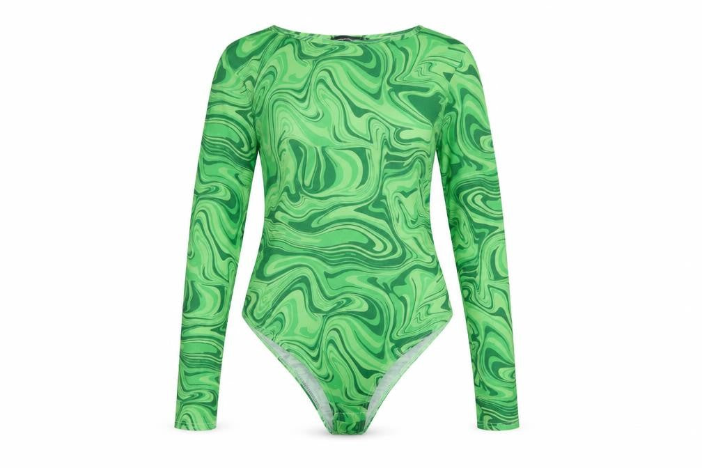 PRETTYLITTLETHING Women Green UK 14 70s Swirl Long Sleeve Bodysuit