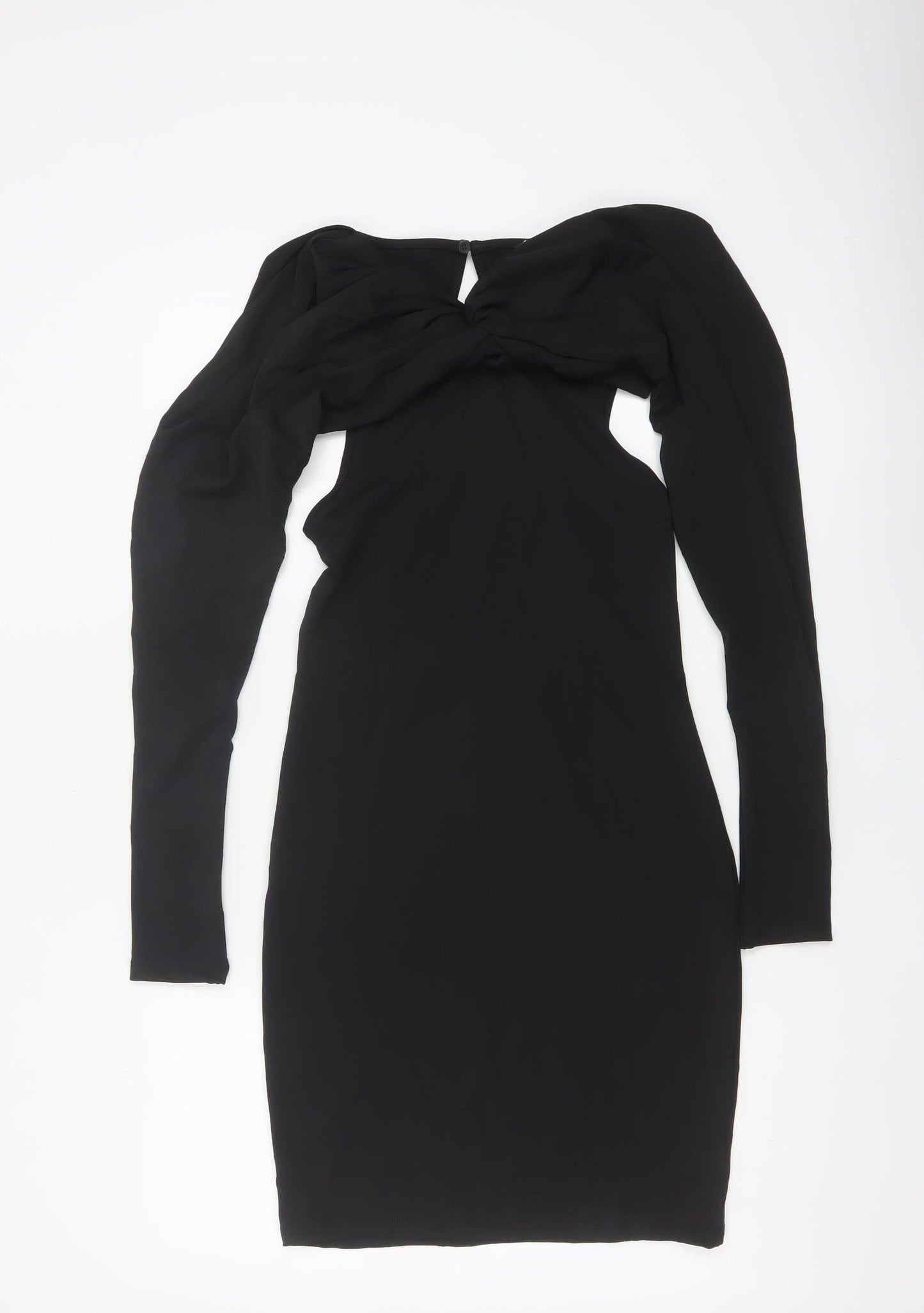 Zara Women Black S Bodycon Knee Length Ruched Keyhole Long Sleeve Dress
