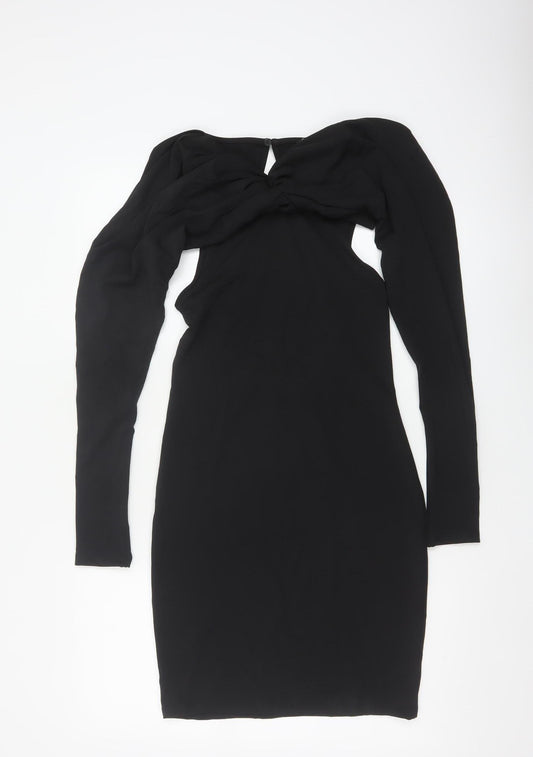 Zara Women Black S Bodycon Knee Length Ruched Keyhole Long Sleeve Dress