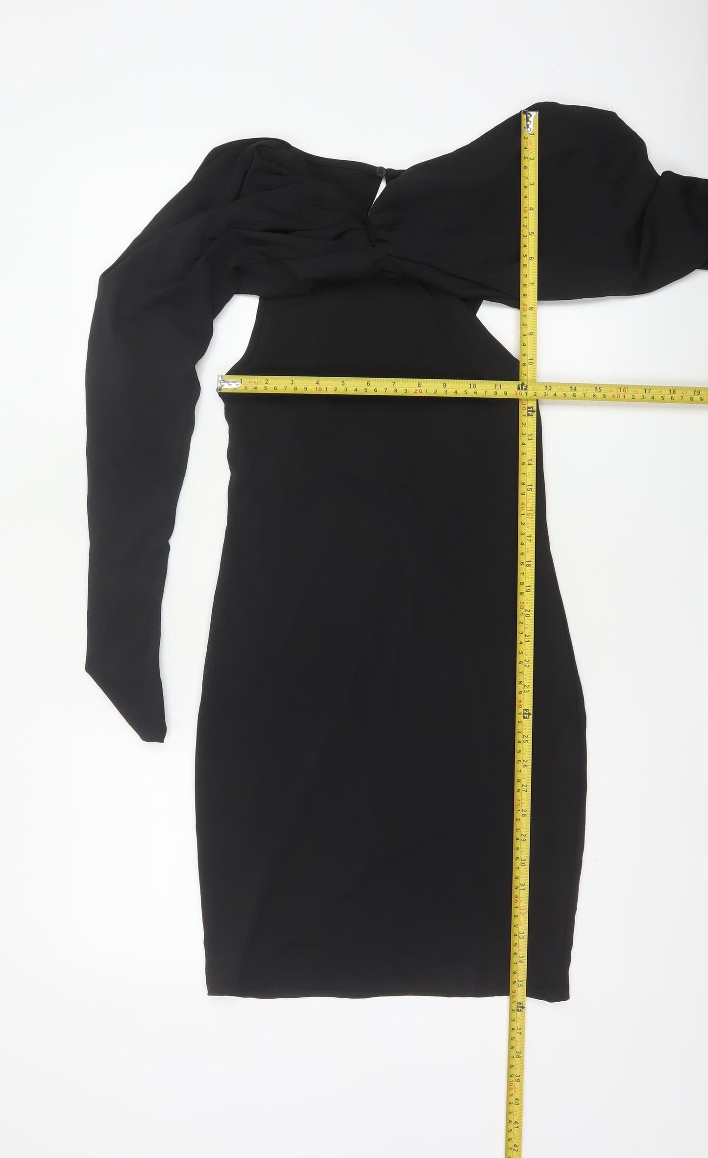 Zara Women Black S Bodycon Knee Length Ruched Keyhole Long Sleeve Dress