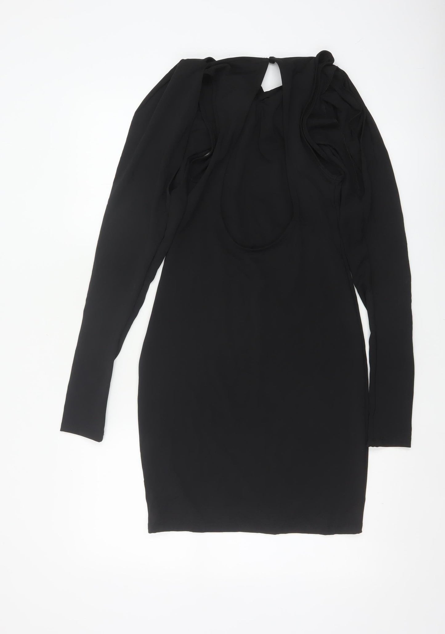 Zara Women Black S Bodycon Knee Length Ruched Keyhole Long Sleeve Dress