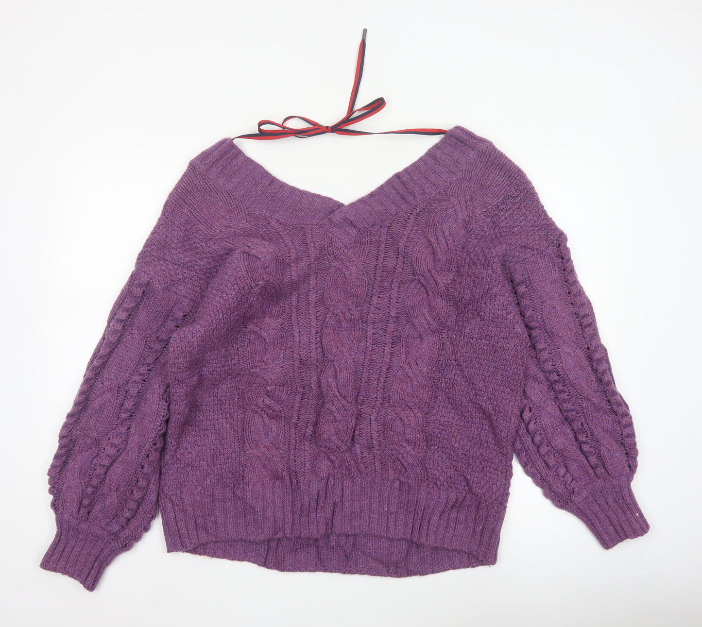 Ted Baker Women Purple M Wool Cable Knit V-Neck Jumper