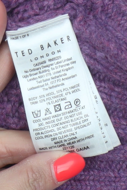 Ted Baker Women Purple M Wool Cable Knit V-Neck Jumper