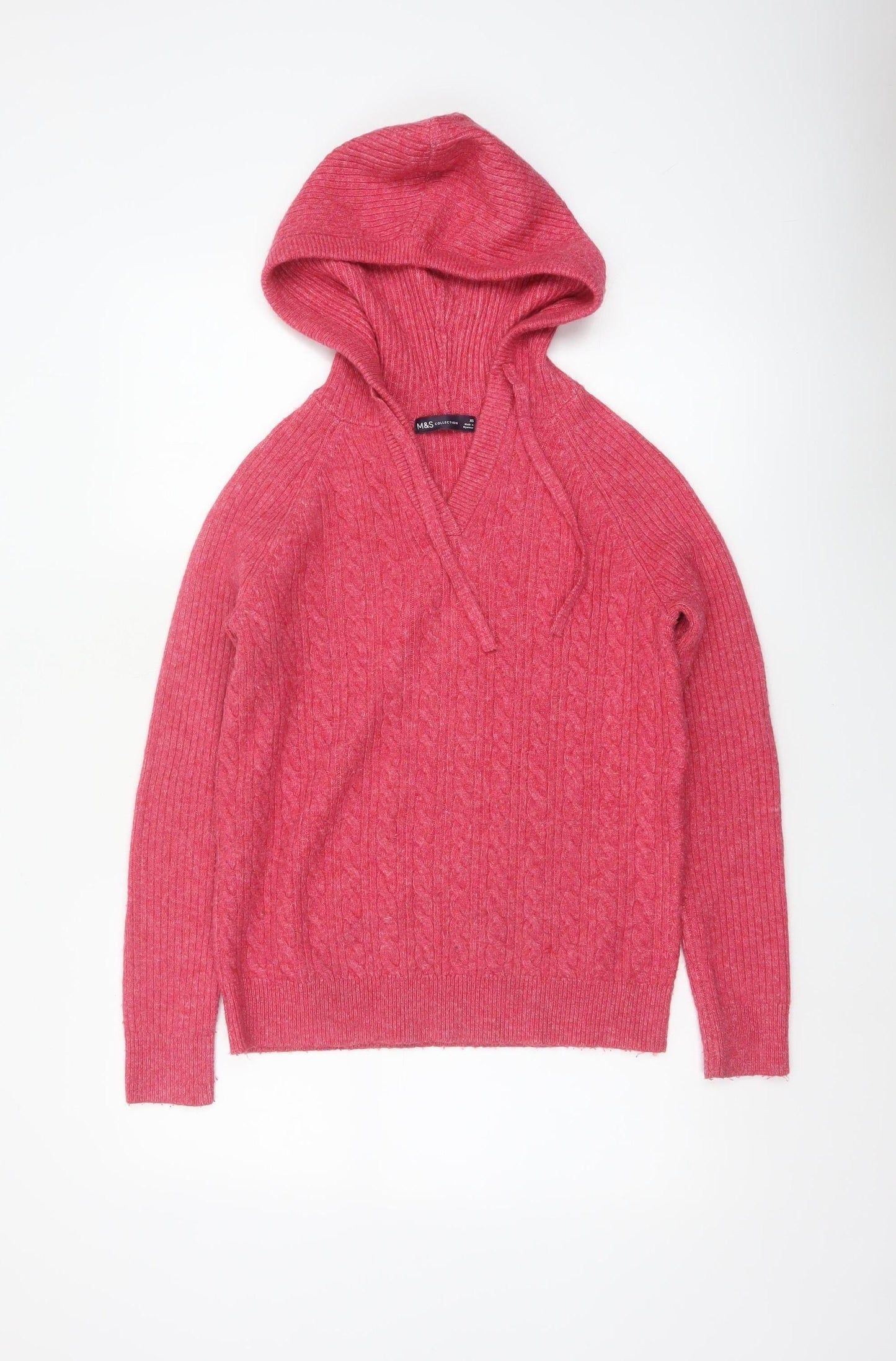 Marks and Spencer Women Pink XS Hooded Cable Knit V-Neck Jumper