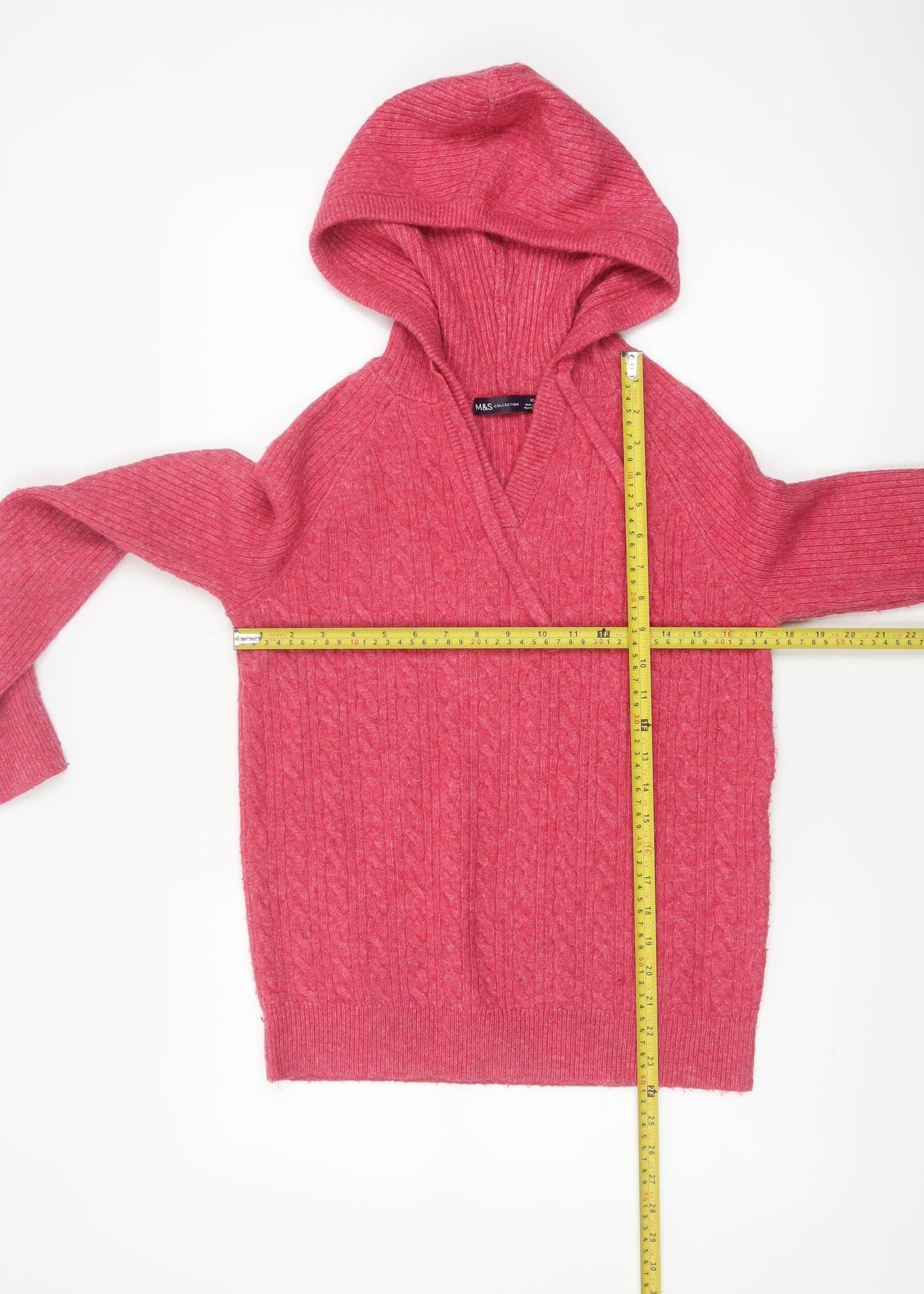 Marks and Spencer Women Pink XS Hooded Cable Knit V-Neck Jumper