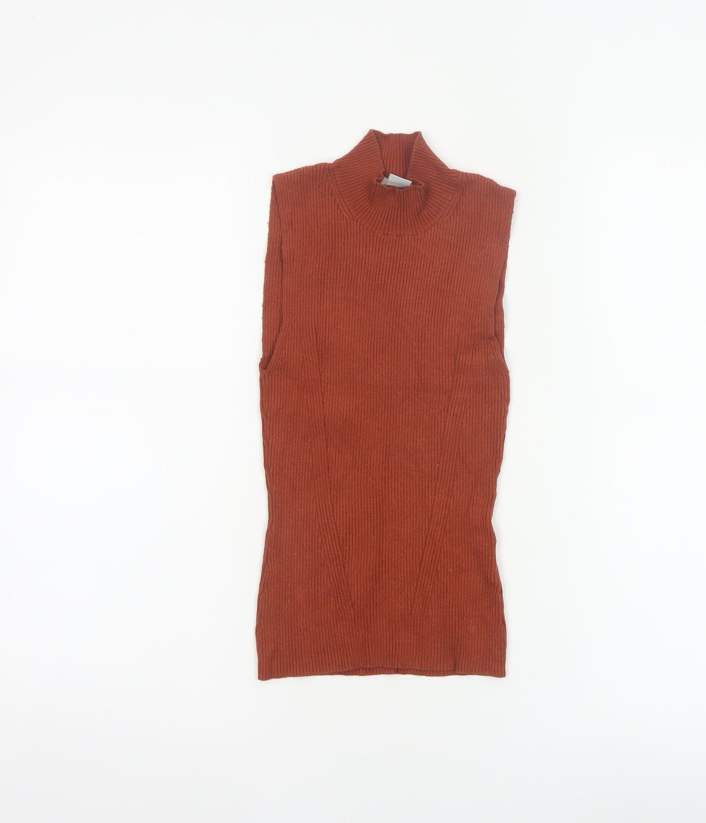 H&M Women Brown XS Ribbed High Neck Sleeveless Slim Knit Tank Top