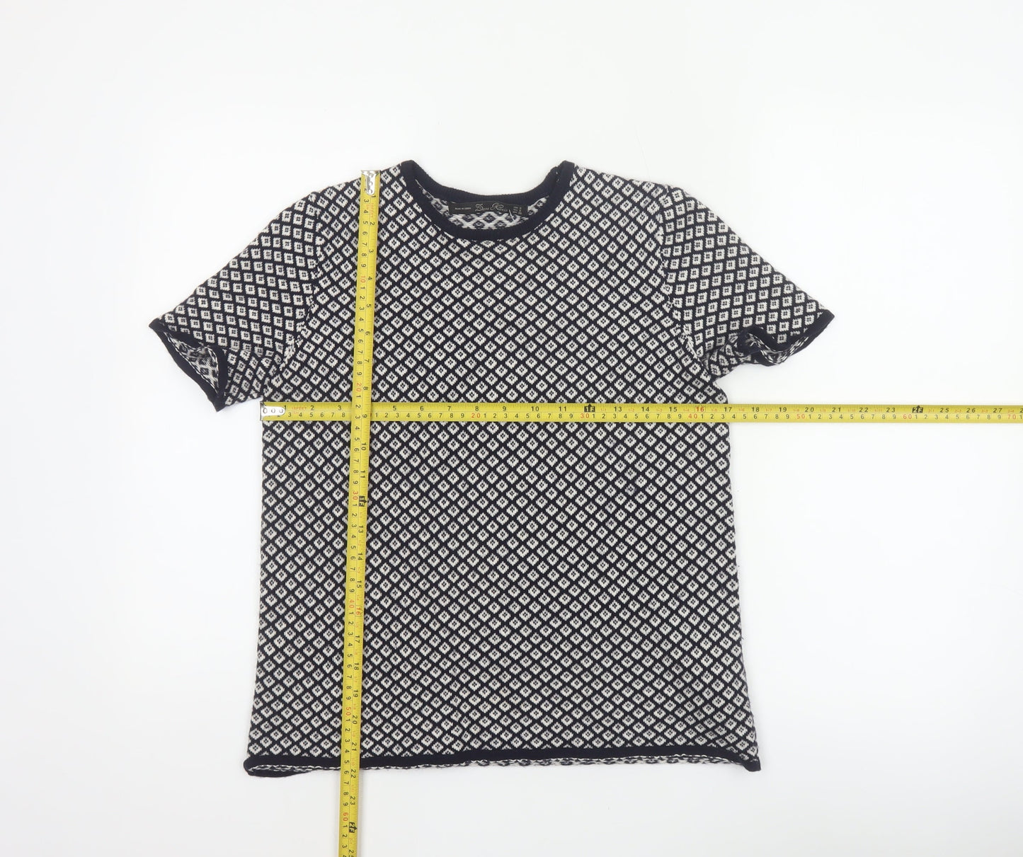 Zara Knit Women Black White Diamond Short Sleeve Jumper UK 8