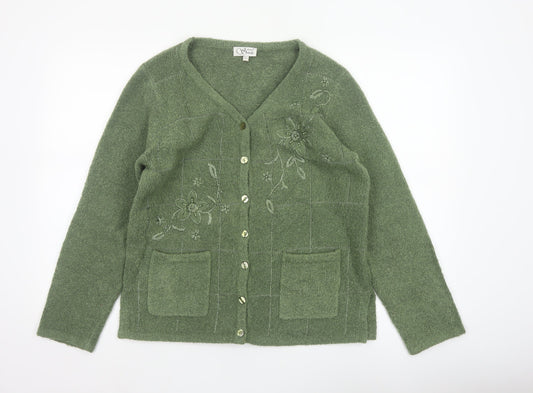 Aime Smith Women’s Green XL Floral Embroidered V-Neck Cardigan