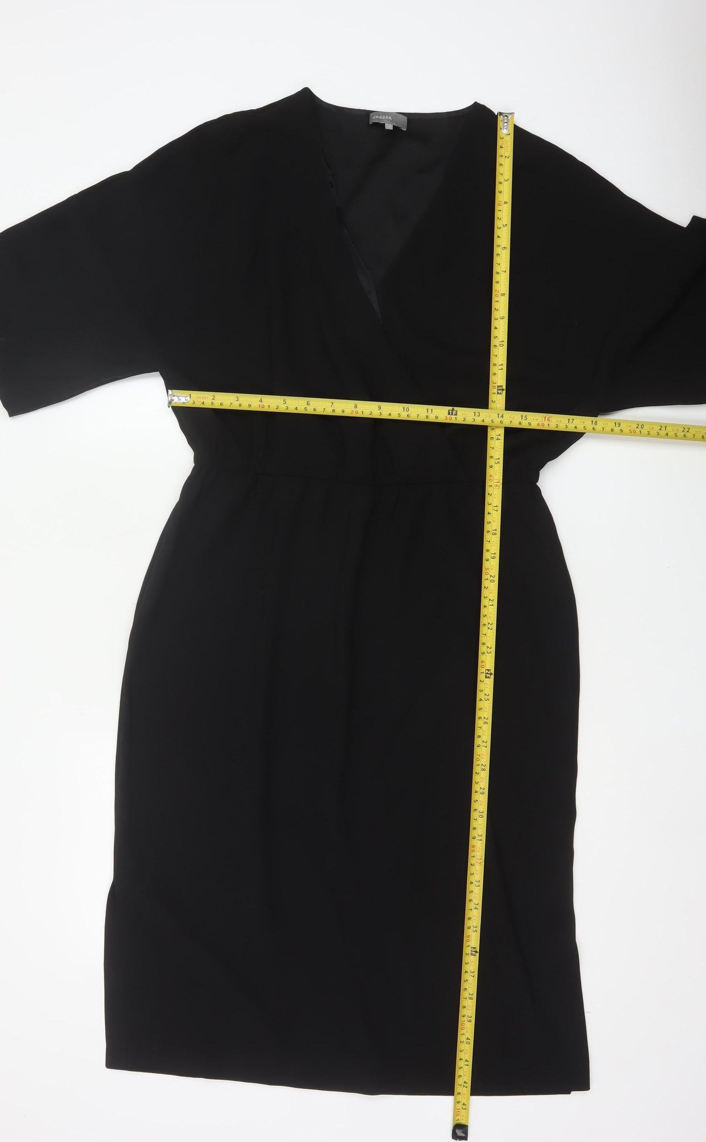 Jaeger Women Black UK 12 Knee Length Sheath V-Neck Kimono Sleeve Dress