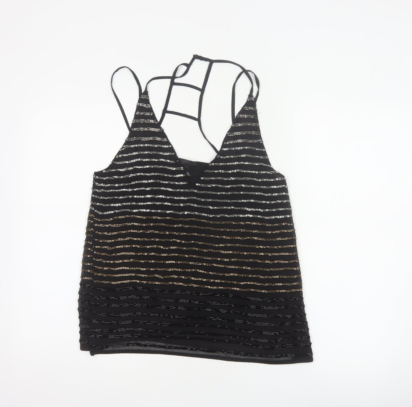 Topshop Women Black UK 8 Beaded Striped Strappy Camisole Party Top