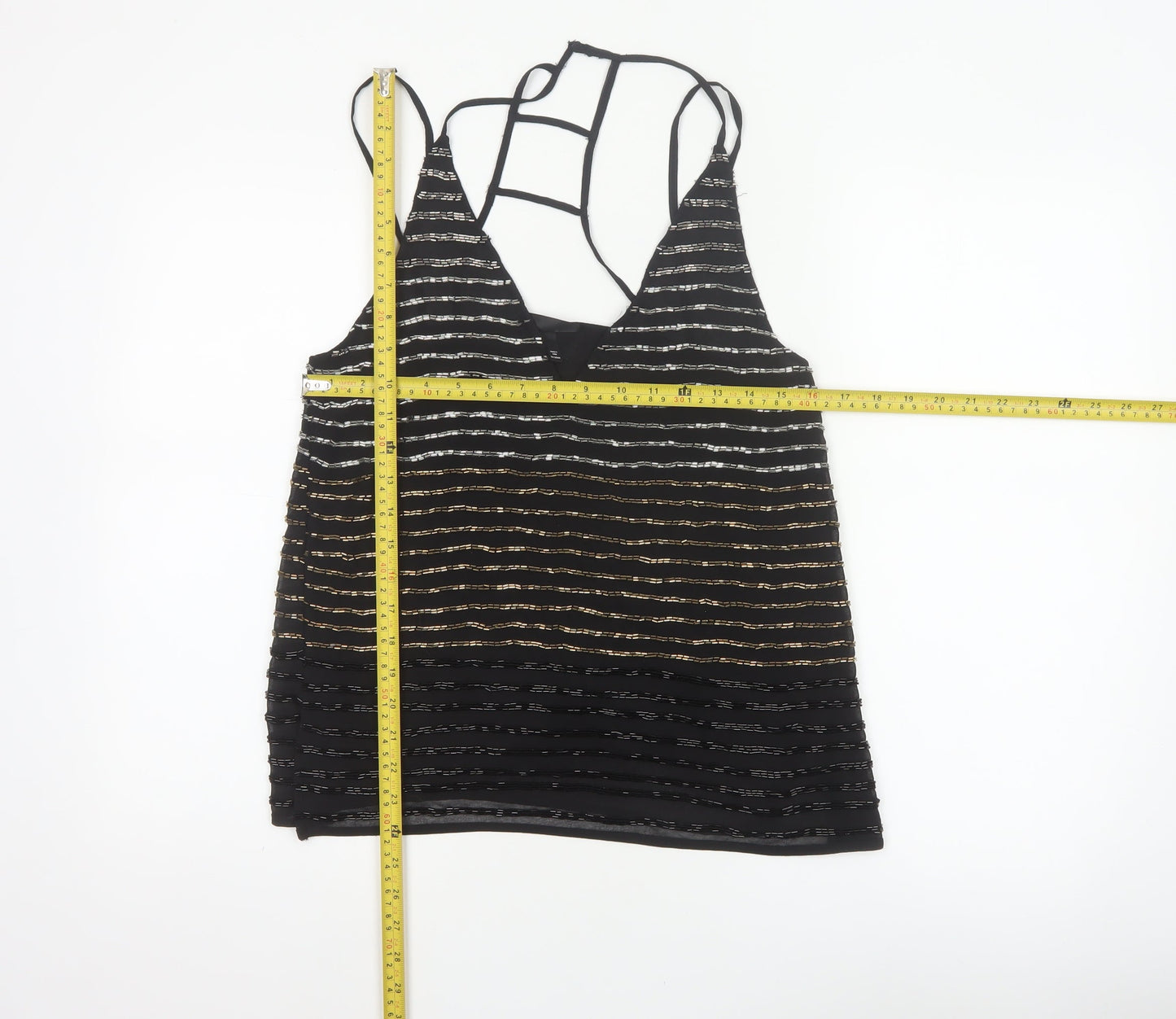 Topshop Women Black UK 8 Beaded Striped Strappy Camisole Party Top