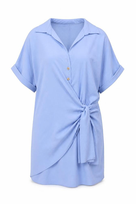 Zara Women Blue M Short Belted Collared Shirt Dress Cap Sleeve