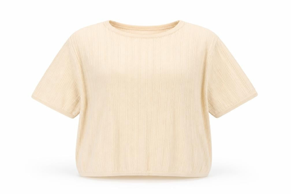 Viyella Women Ivory Cotton Knit Short Sleeve Round Neck Top L