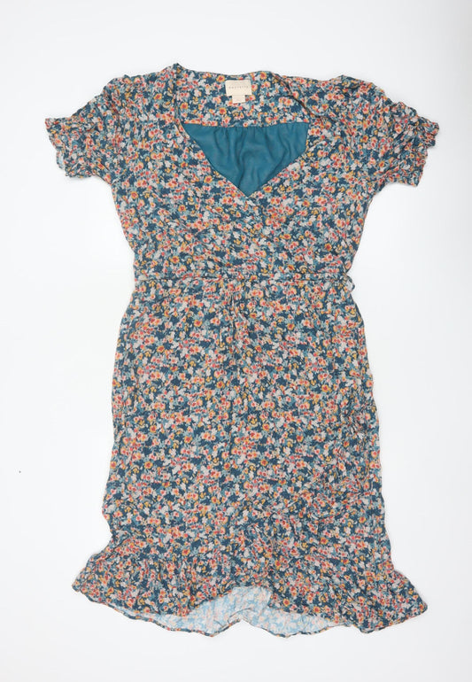 Mauvette Women’s Blue Floral Wrap Midi Dress UK 16 Puff Sleeve