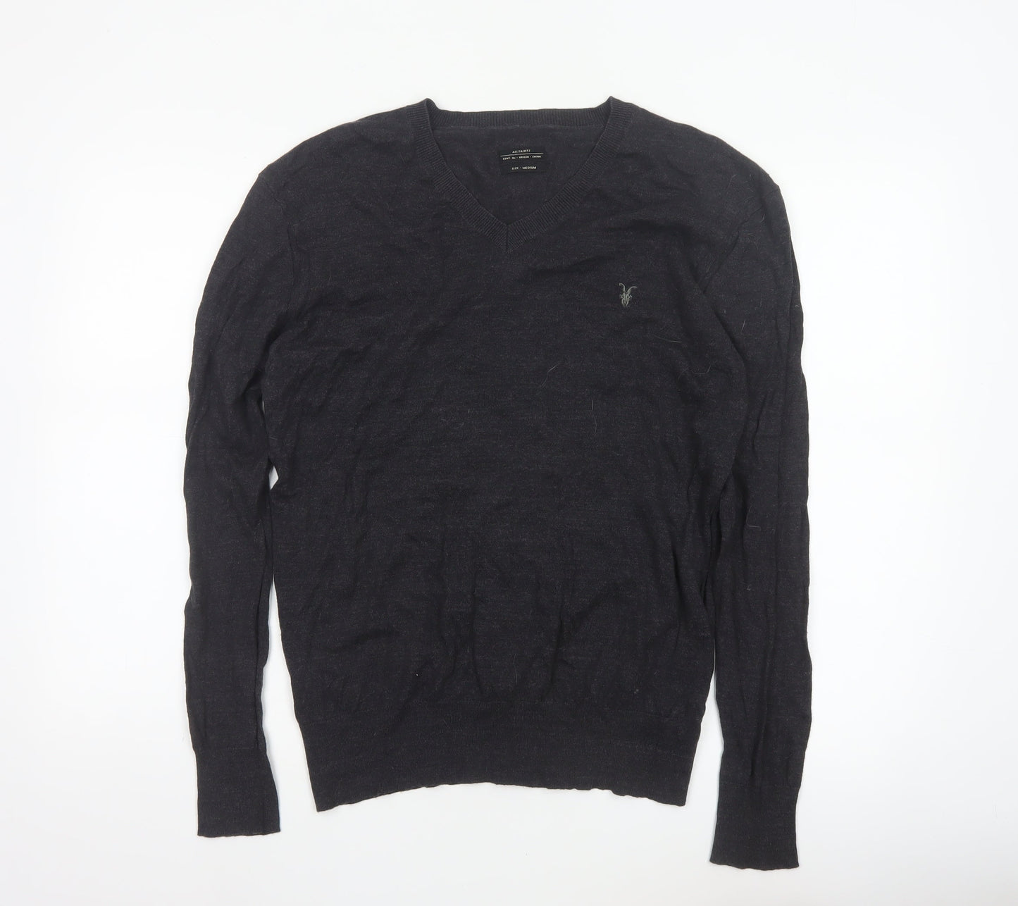 AllSaints Men Black Medium V-Neck Cotton Knit Pullover Jumper Logo