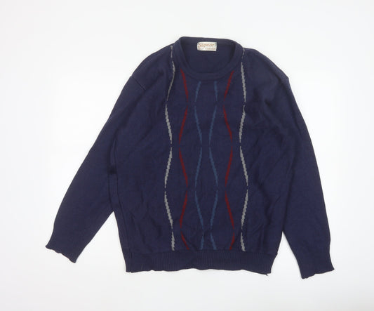 Signor Collection Men's Navy Geometric Knit Jumper M Wool Acrylic Retro