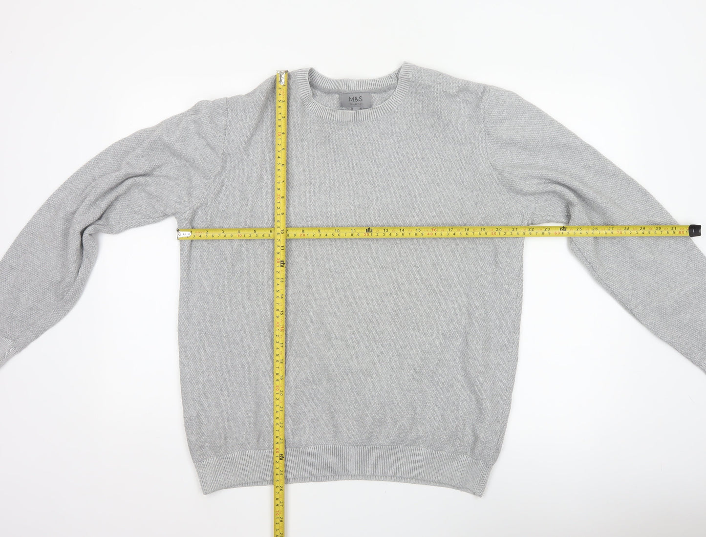 Marks and Spencer Men Grey L Cotton Crew Neck Knit Pullover Jumper