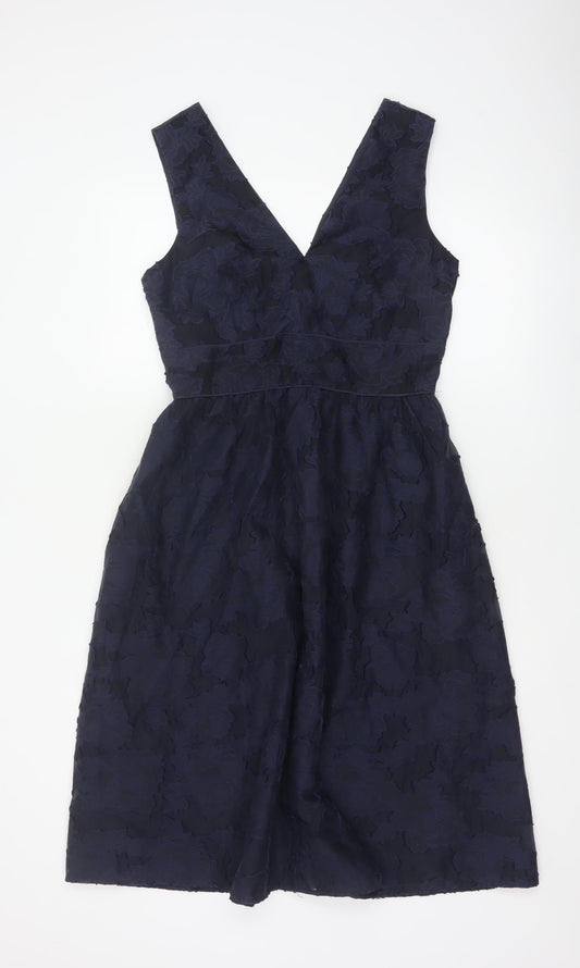 Warehouse Women Blue Floral Jacquard Fit & Flare Midi Dress UK 10