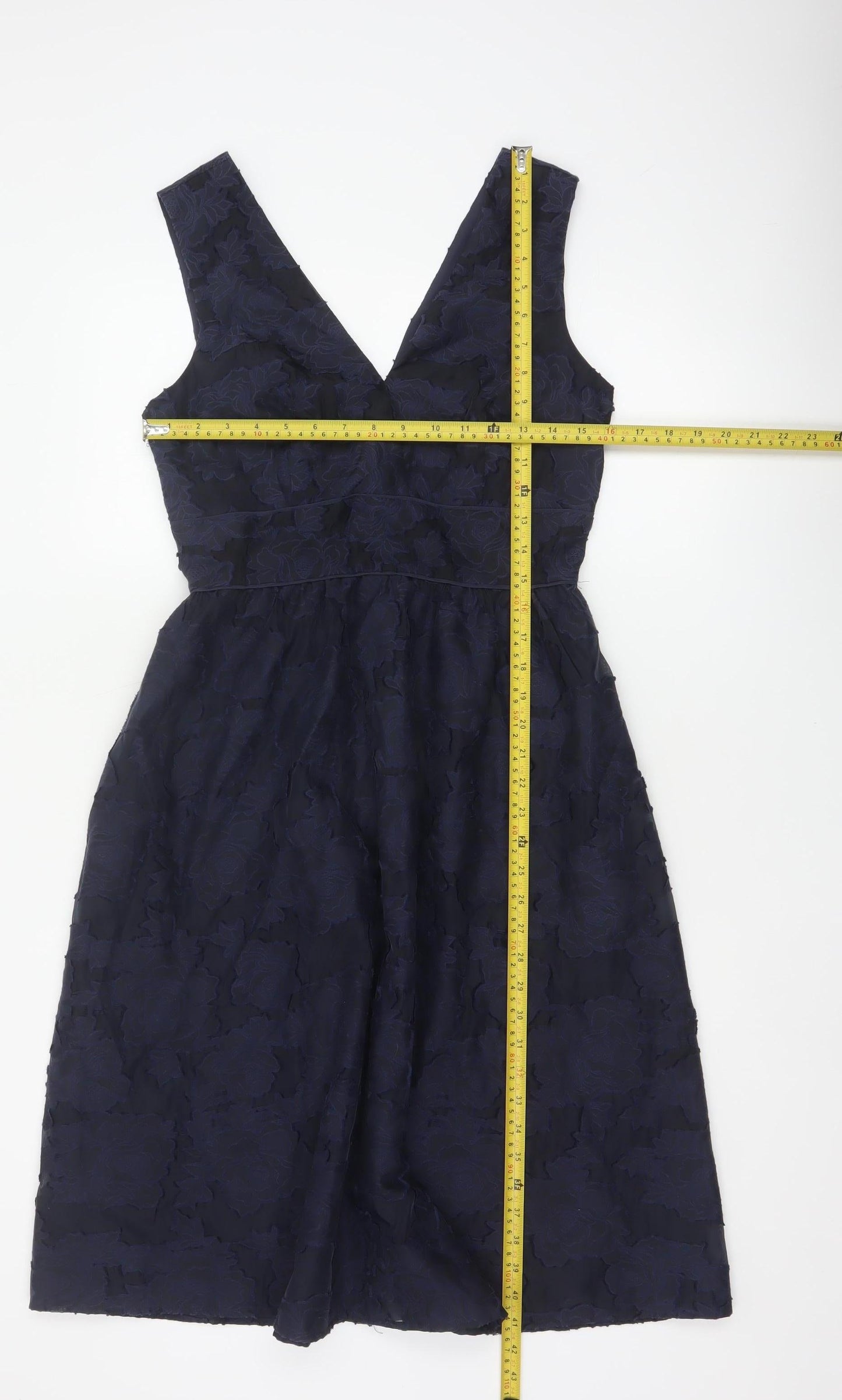 Warehouse Women Blue Floral Jacquard Fit & Flare Midi Dress UK 10