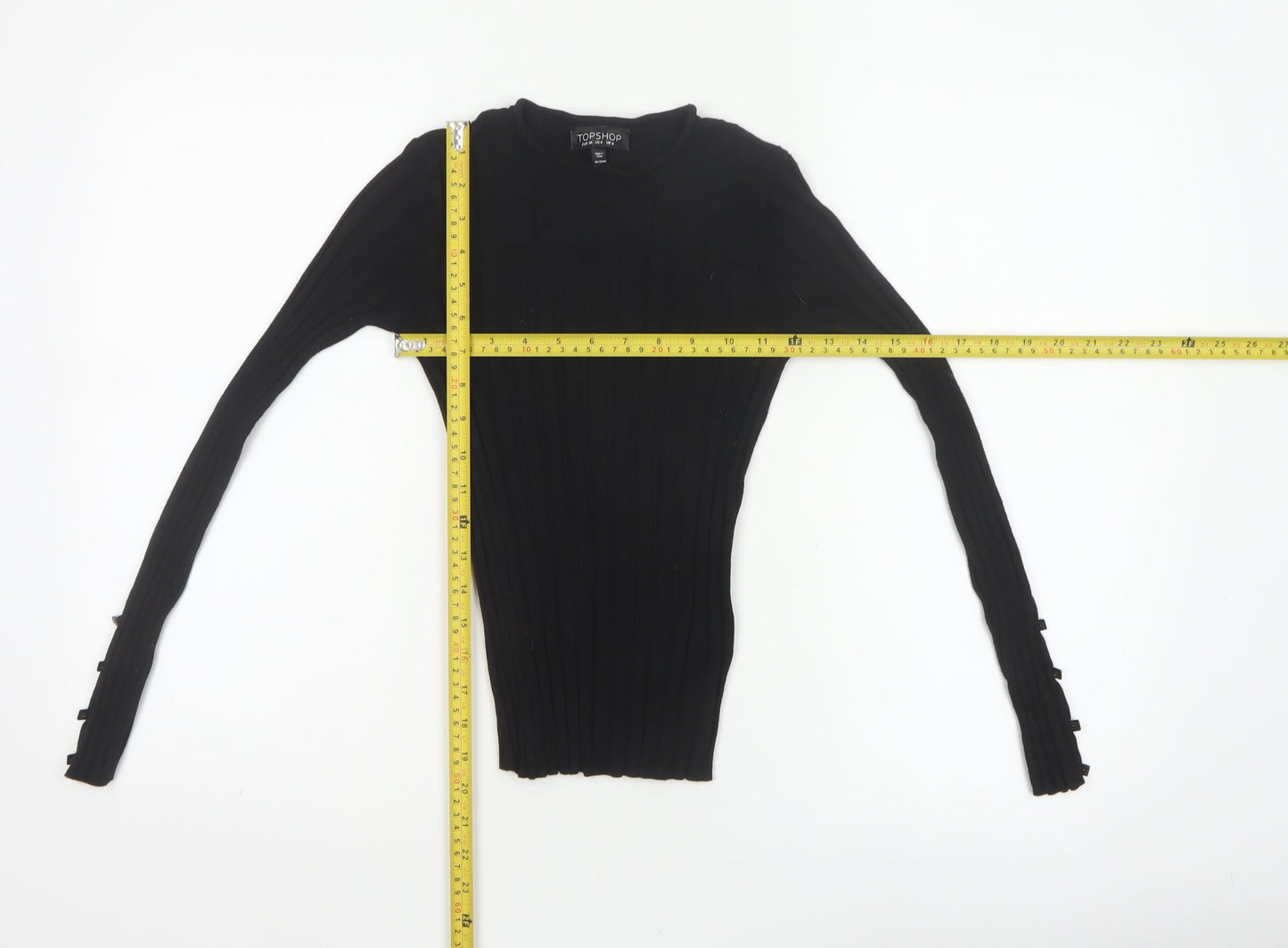 Topshop Women Black UK 8 Rib Knit Slim Pullover Jumper Button Cuffs