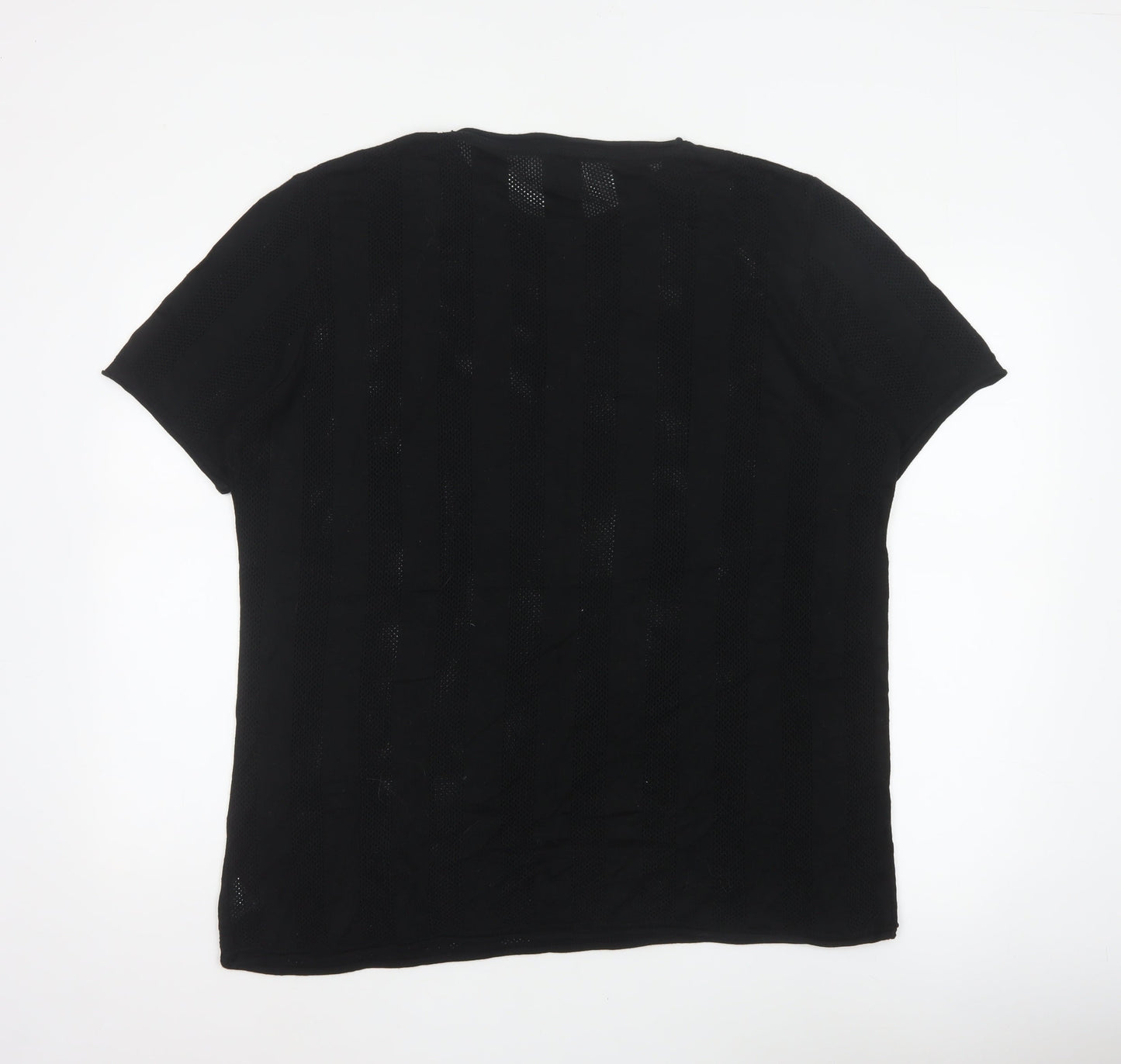 River Island Men Black 2XL Open Knit Stripe Crew Neck T-Shirt