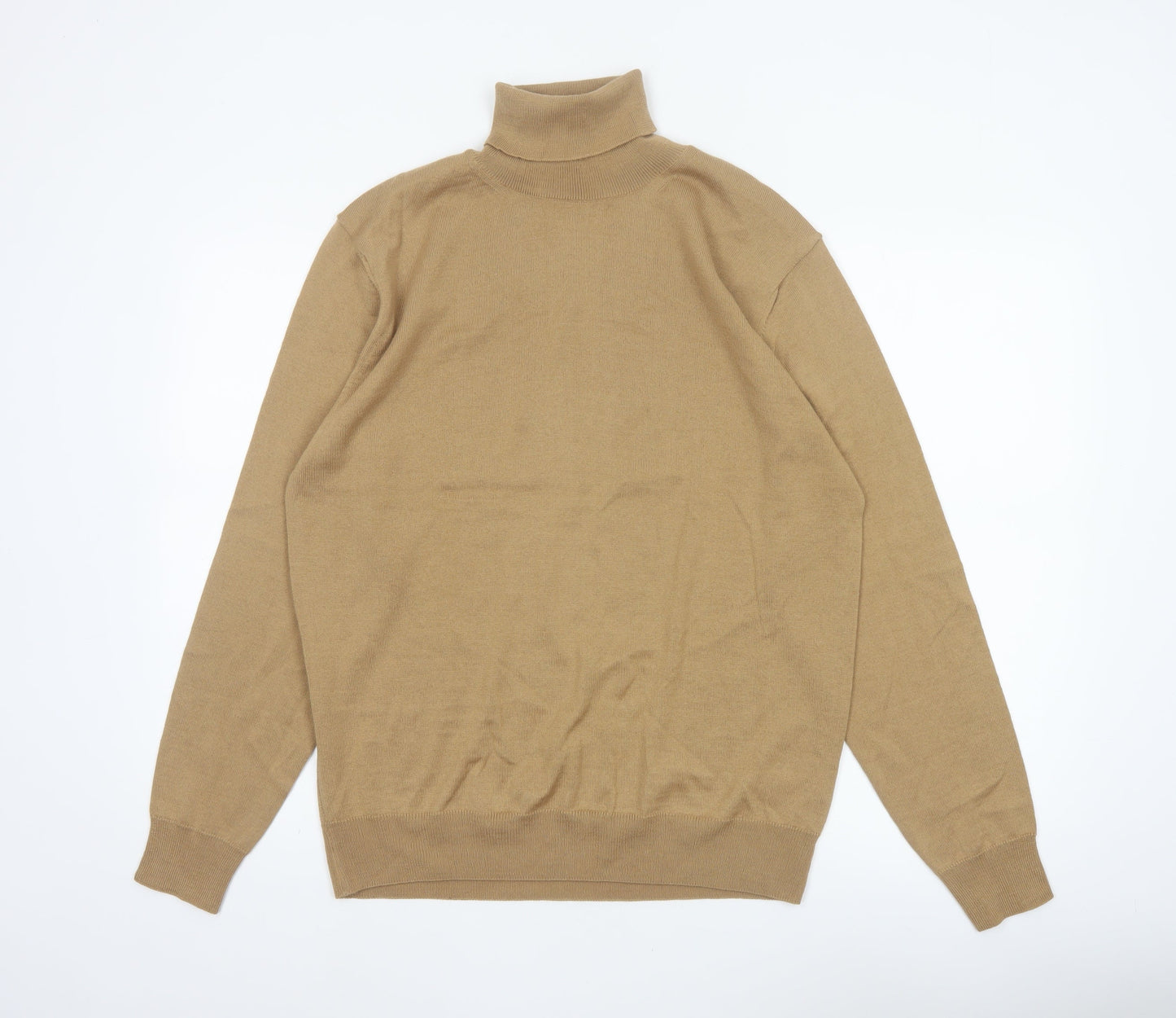 Marks and Spencer Men Beige L Merino Wool Blend Roll Neck Jumper