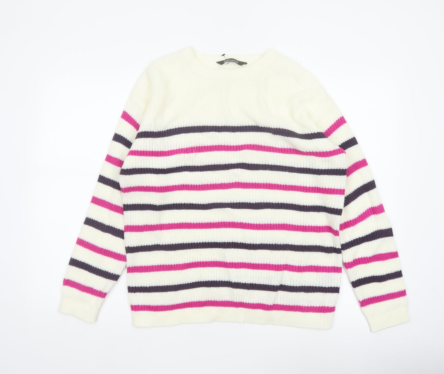 Bonmarché Women Ivory Pink Stripe Acrylic Knit Jumper UK 16 Crew Neck
