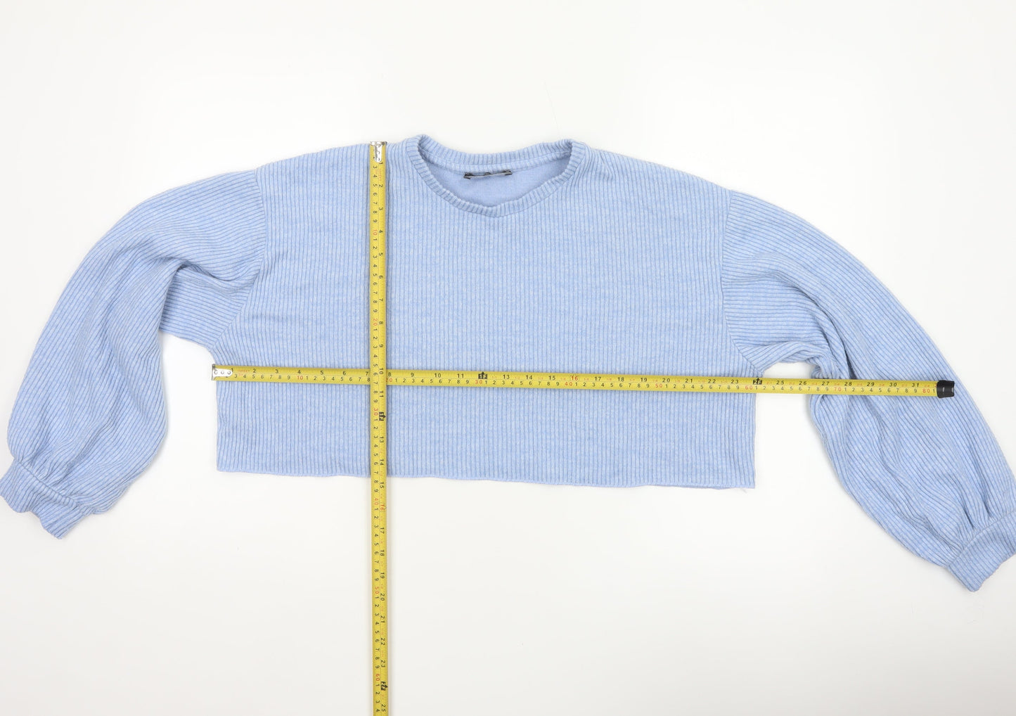Bershka Women Blue UK 14 Cropped Rib Knit Balloon Sleeve T-Shirt