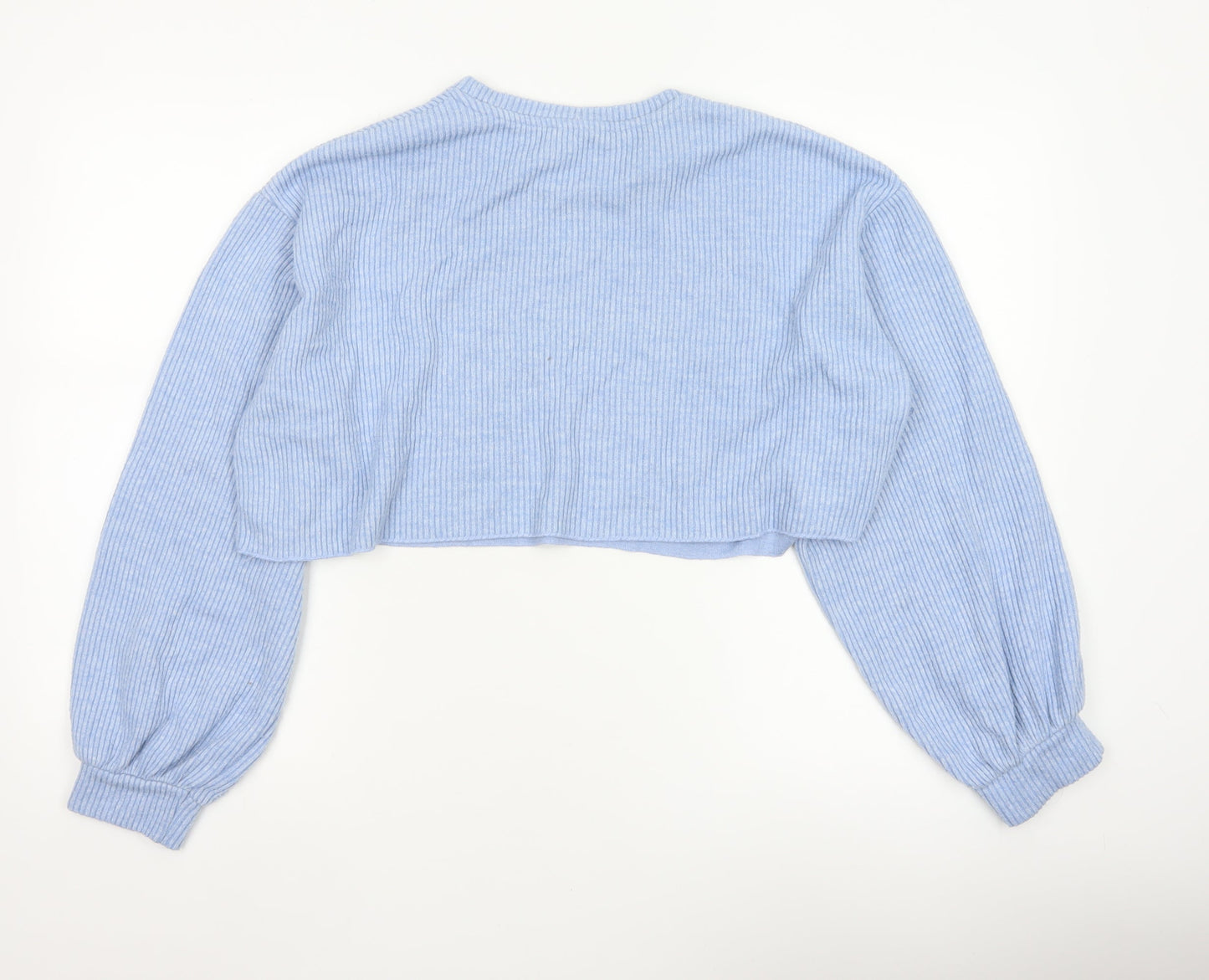 Bershka Women Blue UK 14 Cropped Rib Knit Balloon Sleeve T-Shirt