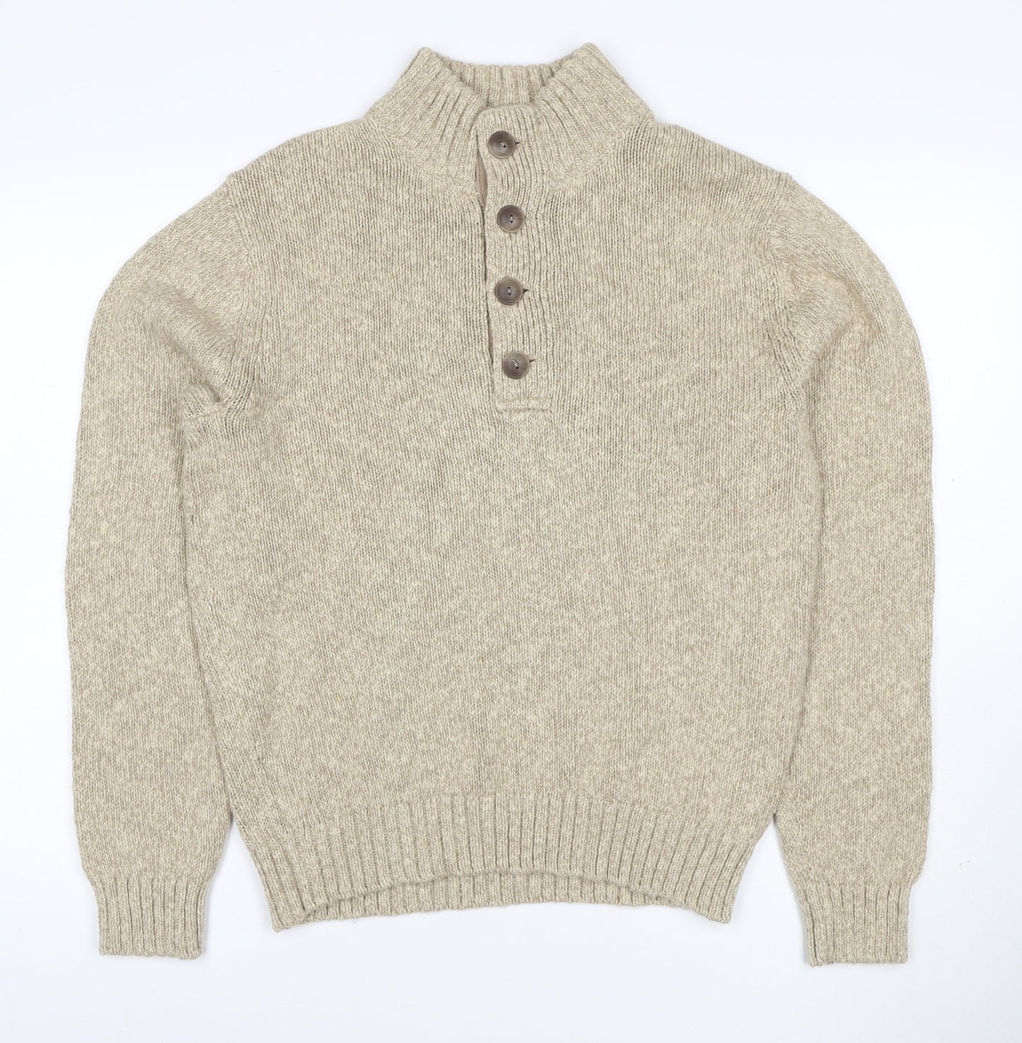 L.L.Bean Men’s Beige Cotton Henley Jumper Size S Chunky Knit