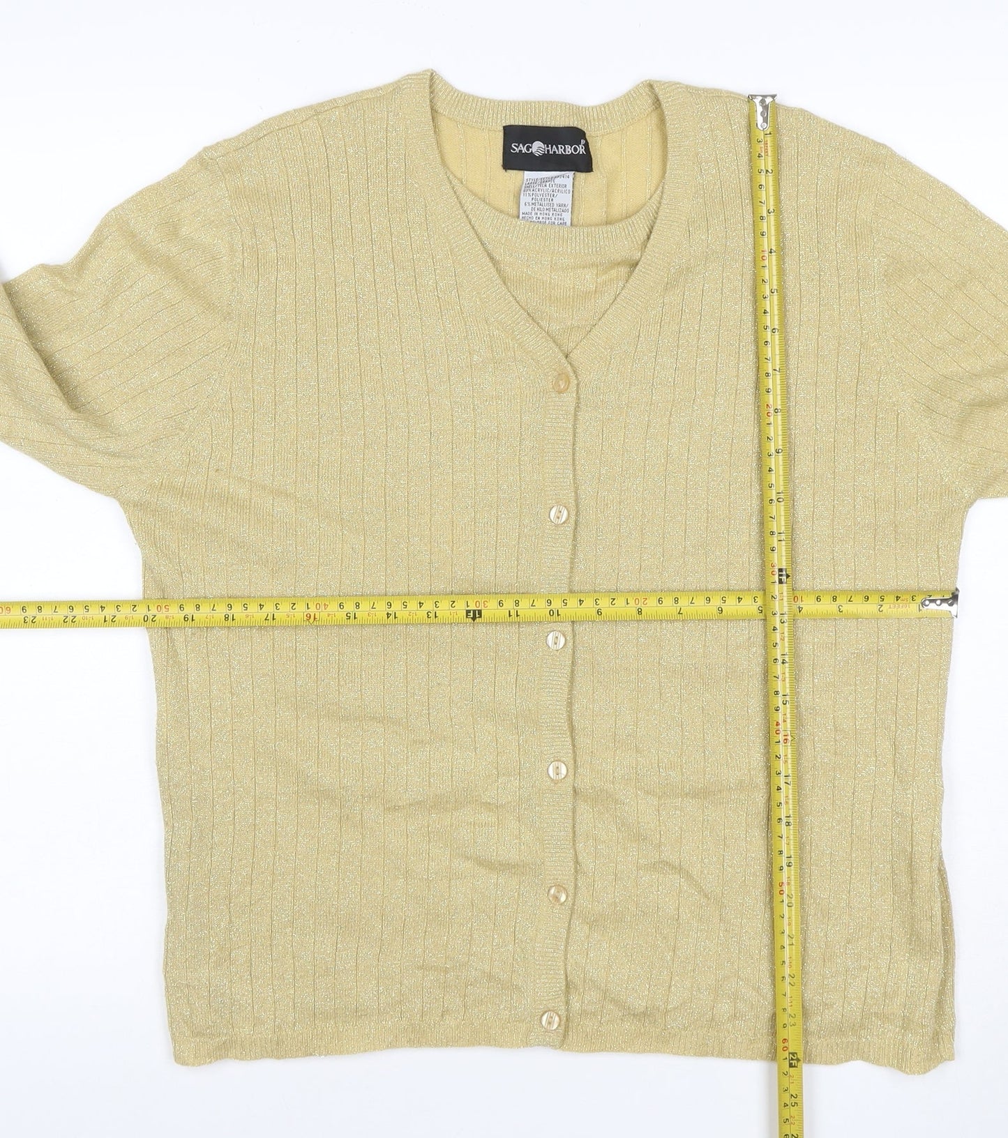 Sago Harbor Women Gold L Metallic Rib Knit V-Neck Cardigan