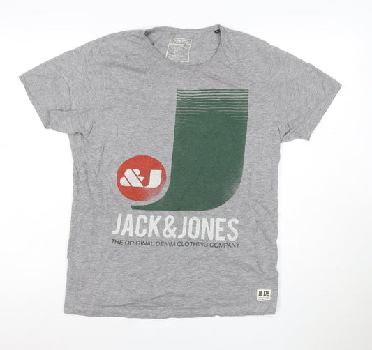 Jack & Jones Men Grey L Graphic Logo Crew Neck Short Sleeve T-Shirt