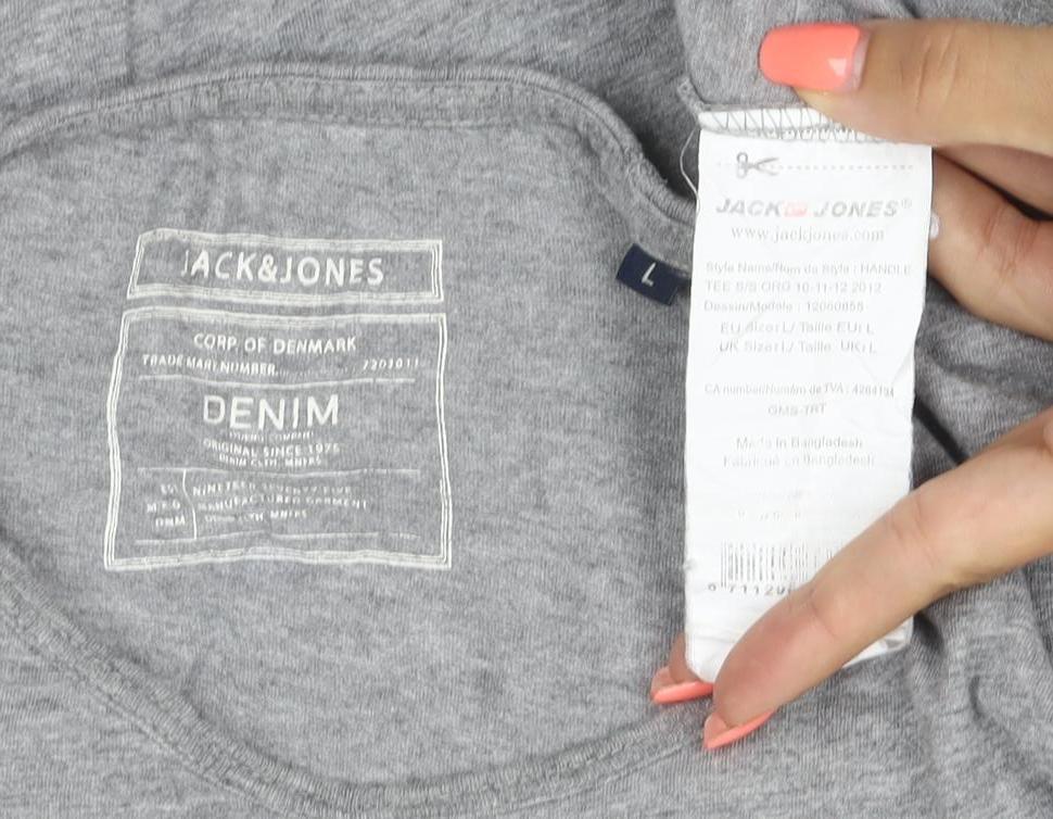 Jack & Jones Men Grey L Graphic Logo Crew Neck Short Sleeve T-Shirt