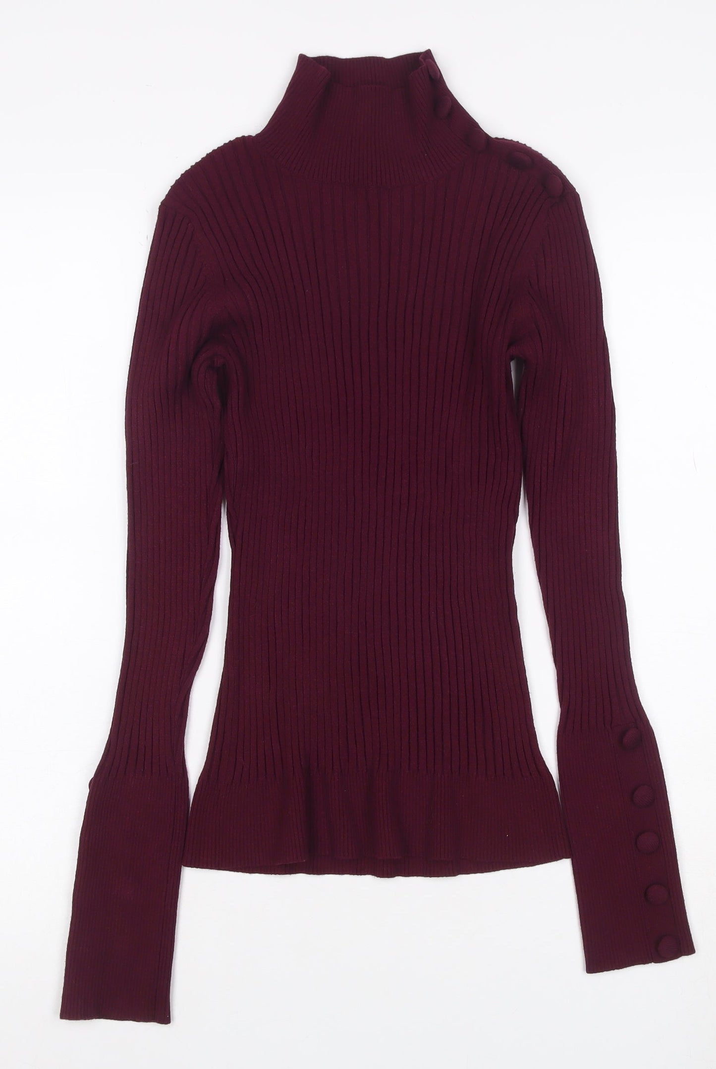 INC Women Red L Ribbed High Neck Button Sleeve Pullover Jumper