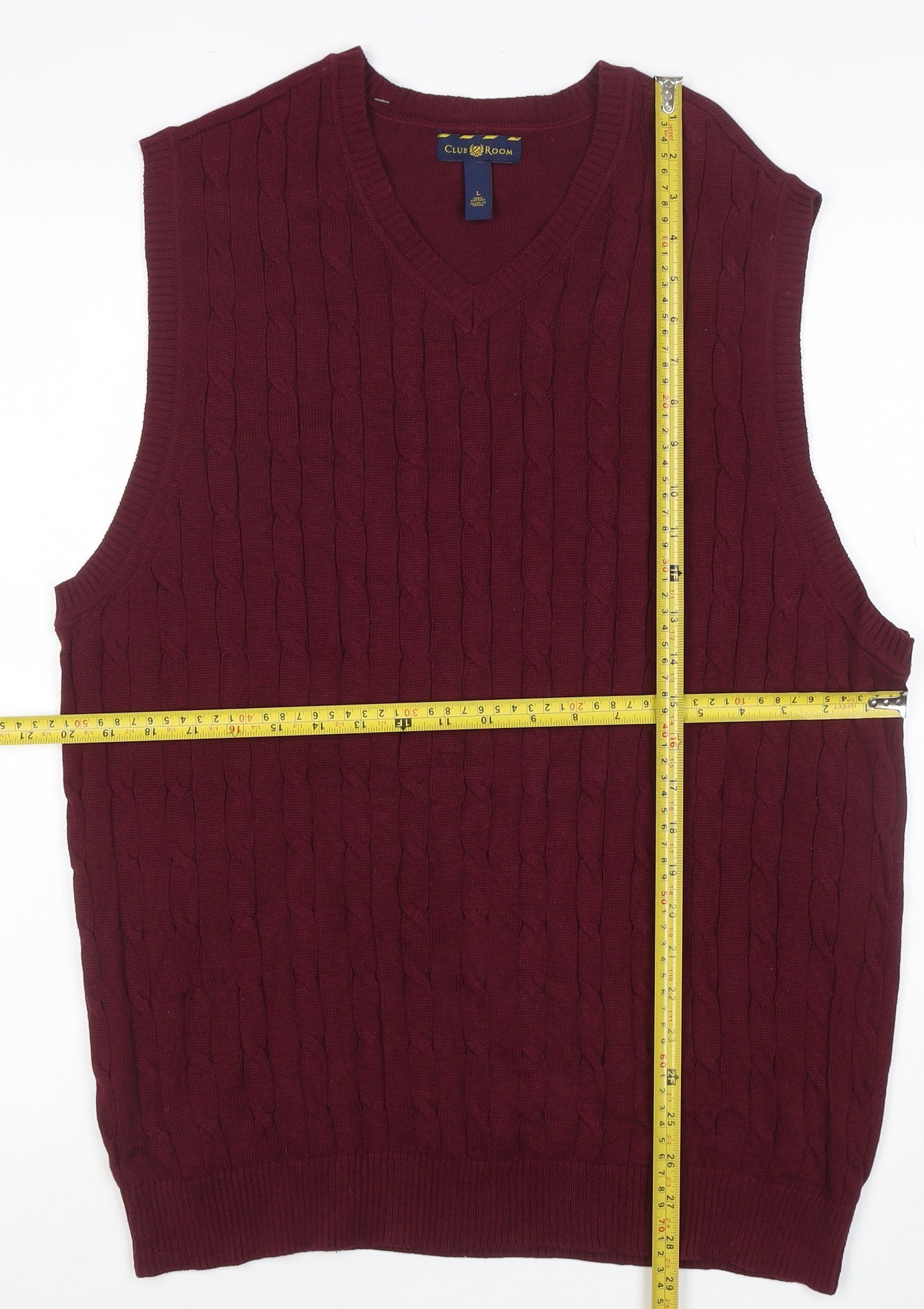 Club Room Men’s Red Cable Knit V-Neck Cotton Jumper Vest Size L