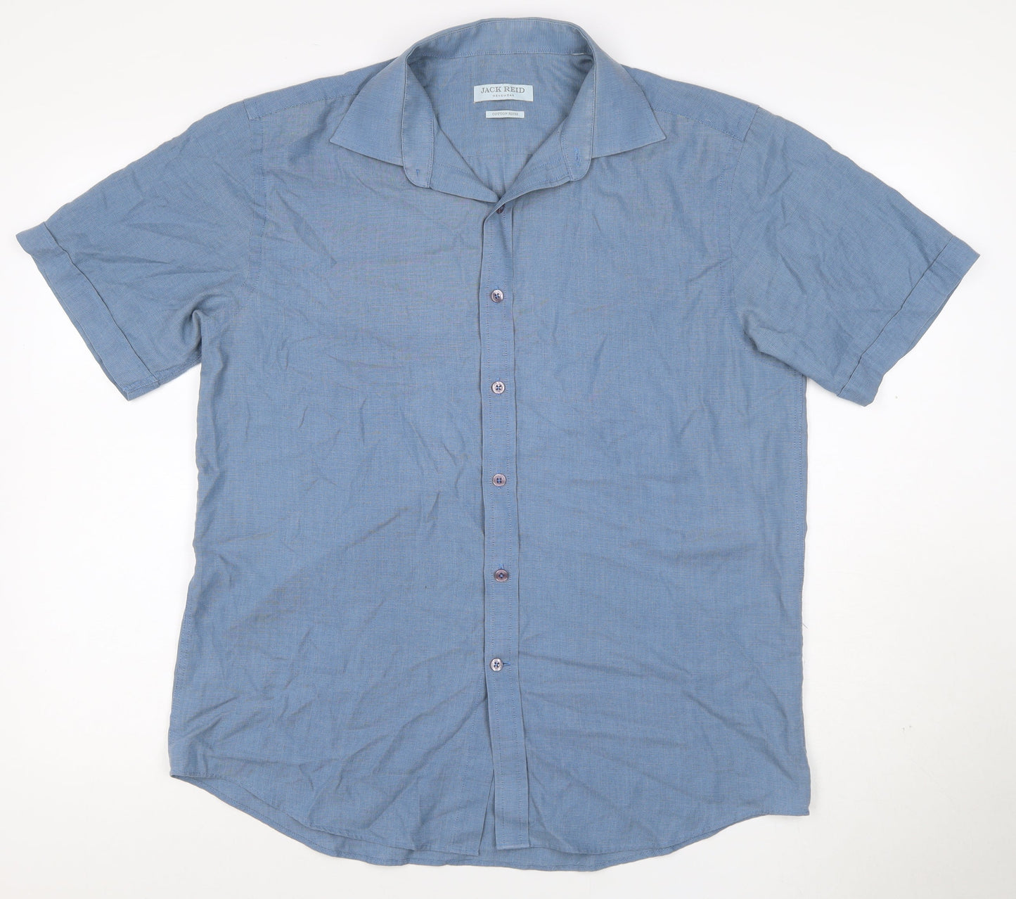 Jack Reid Mens Blue 15.5 Cotton Rich Short Sleeve Button-Up Casual Shirt