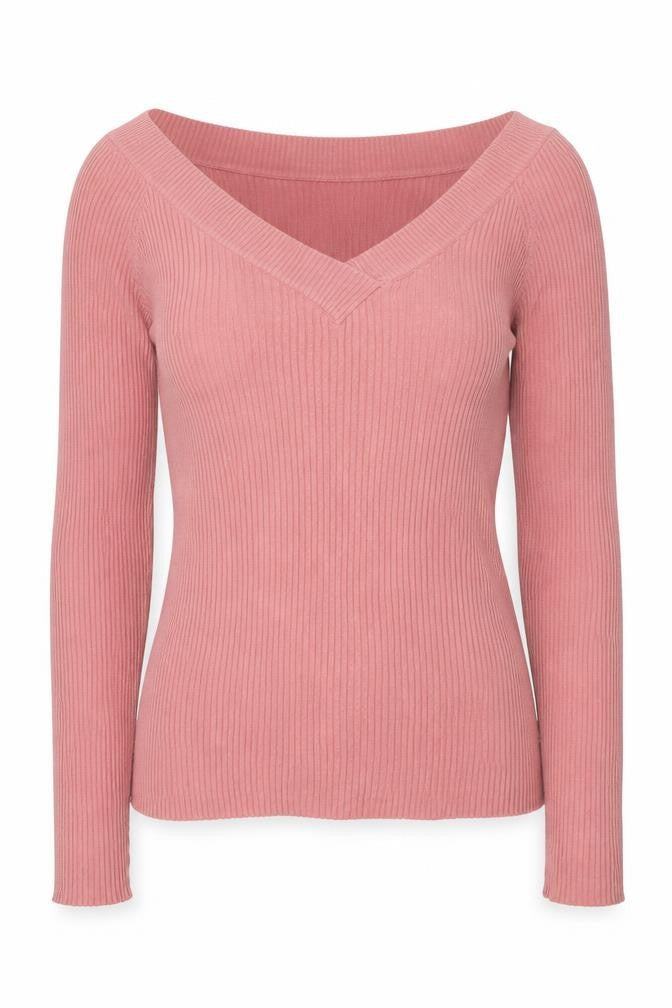 H&M Women's Pink UK 12 Rib Knit V-Neck Slim Pullover Jumper