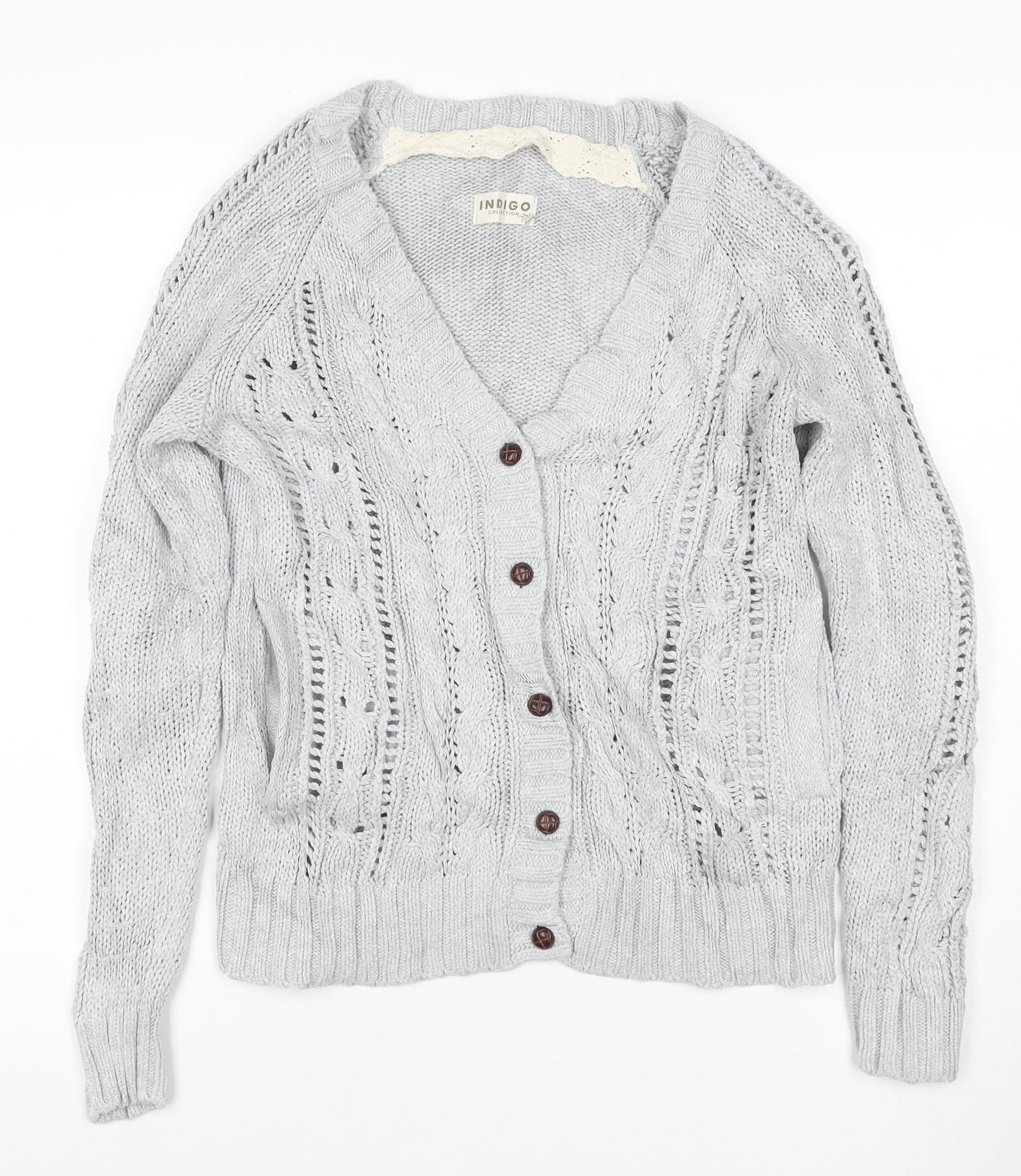M&S Women Grey UK 10 Cable Knit V-Neck Button Cardigan