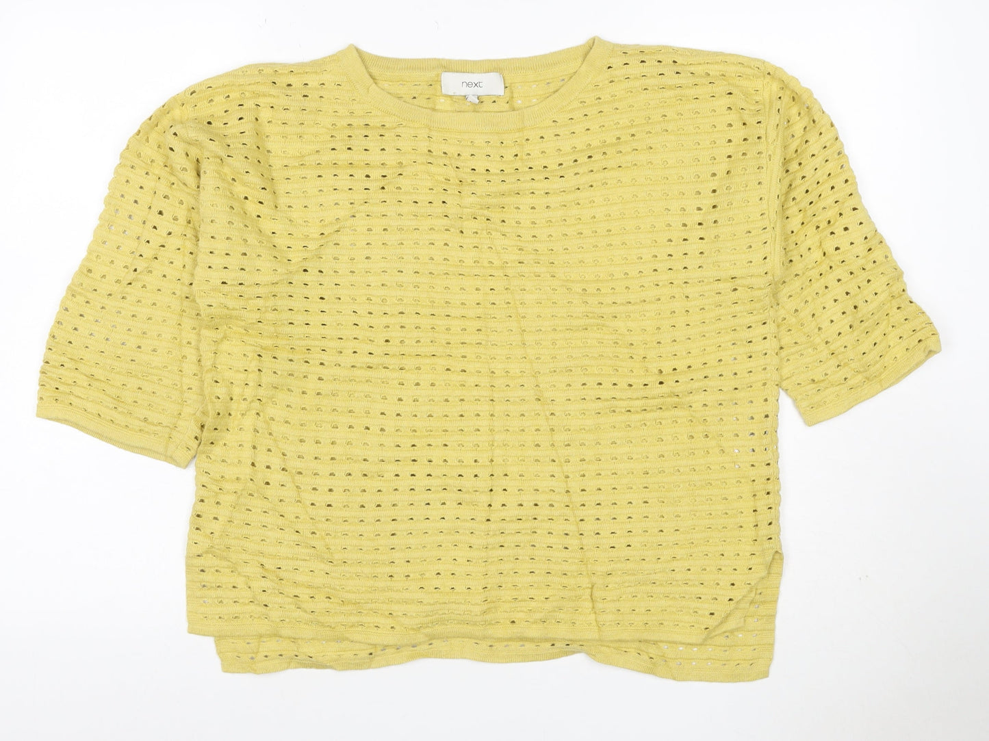 Next Women Yellow UK 8 Open Knit Short Sleeve Crew Neck Top