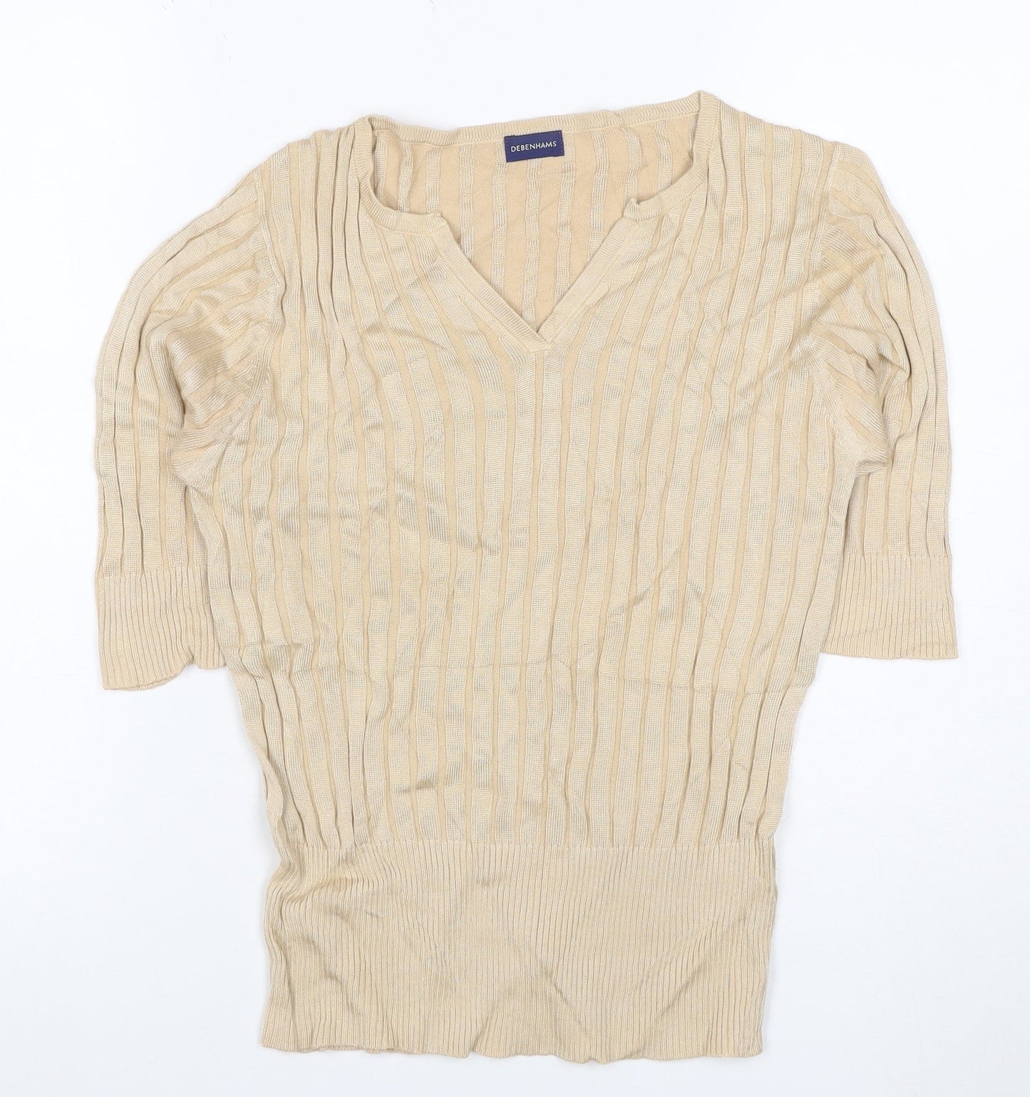 Debenhams Women Beige UK 12 V-Neck Textured Knit 3/4 Sleeve Top