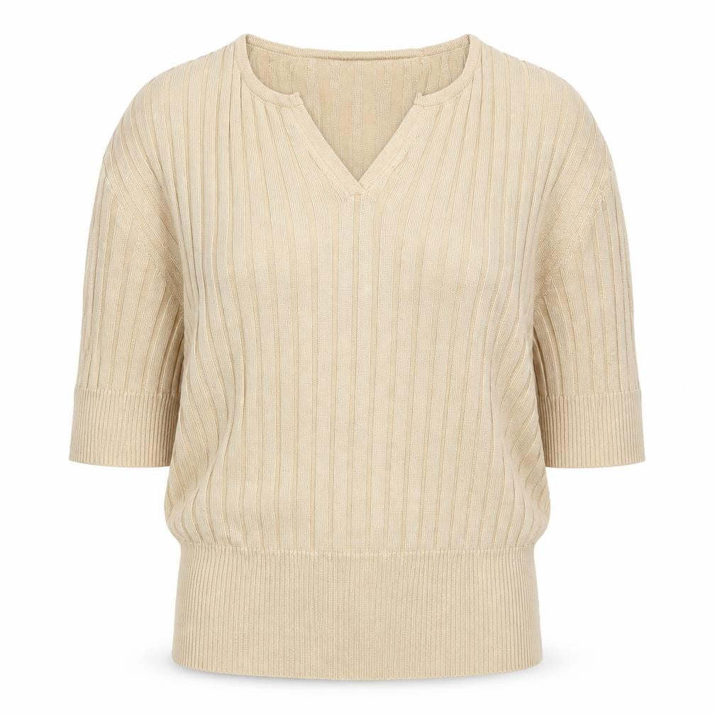 Debenhams Women Beige UK 12 V-Neck Textured Knit 3/4 Sleeve Top