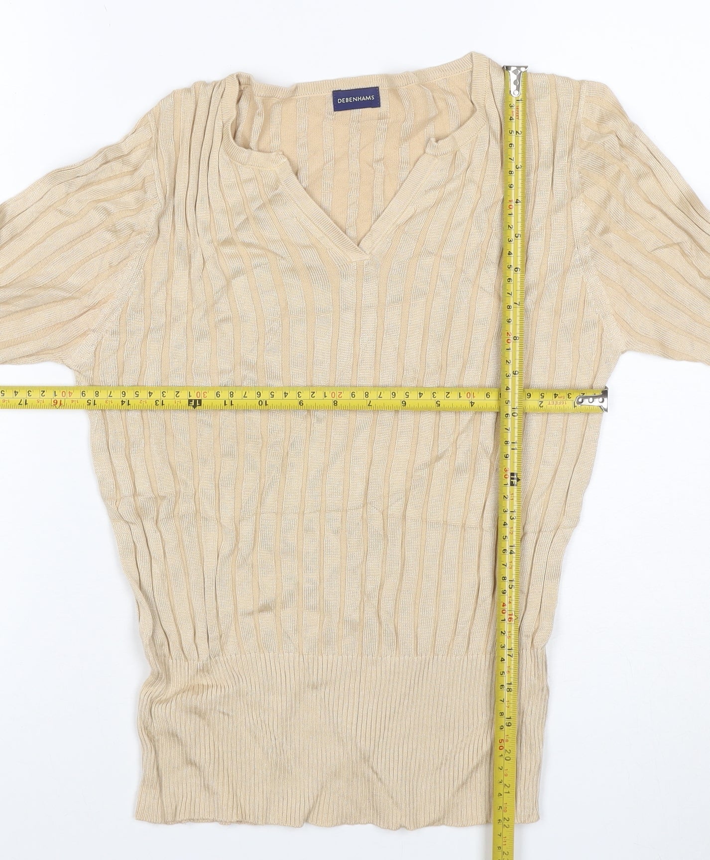 Debenhams Women Beige UK 12 V-Neck Textured Knit 3/4 Sleeve Top